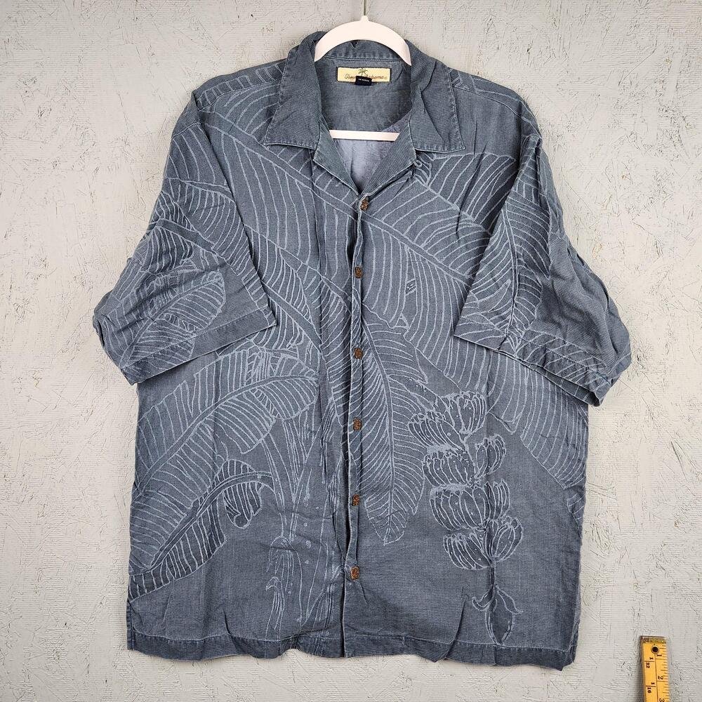 Tommy Bahama Shirt Mens Medium Blue Gray Silk Camp Hawaiian Banana Leaf Jacquard